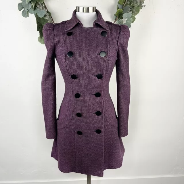 BETSEY JOHNSON Womens Jacket Coat Size 4 Wool Tweed Double Breasted Military