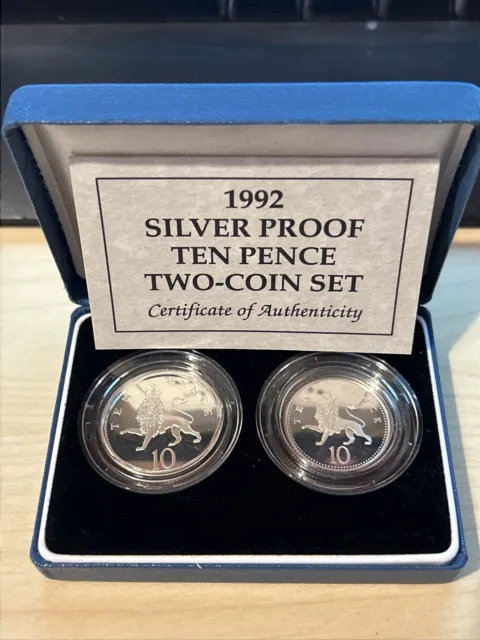 1992 SILVER PROOF TEN PENCE 10p TWO COIN SET BOXED 925 NEW & OLD STYLE (15925/6)