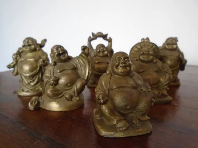 Set Of 6 Antique Gilt Cast Bronze Chinese Budai (Laughing Buddha)