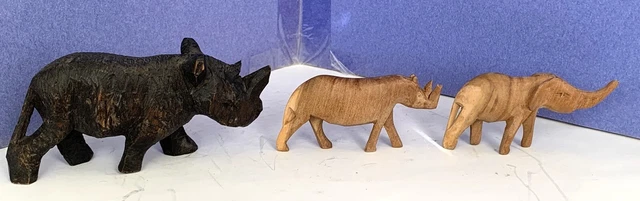 3 Vntg African Animals. Elephant & 2 Rhinos. Hand Carved, Painted Wood Figurines