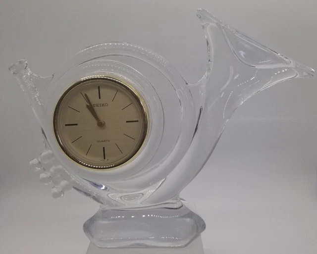 Seiko Quartz TRUMPET MUSIC SHAPED Glass Lead Tabletop Desk Clock-New Battery