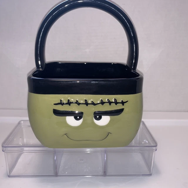 Halloween Frankenstein Green Candy Treats Bowl Dish With Handle Ceramic Monster