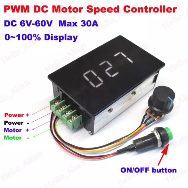 30A LED DC6V-60V 12V 18V 24V 36V 48V PWM DC Motor Speed Controller On OFF Switch