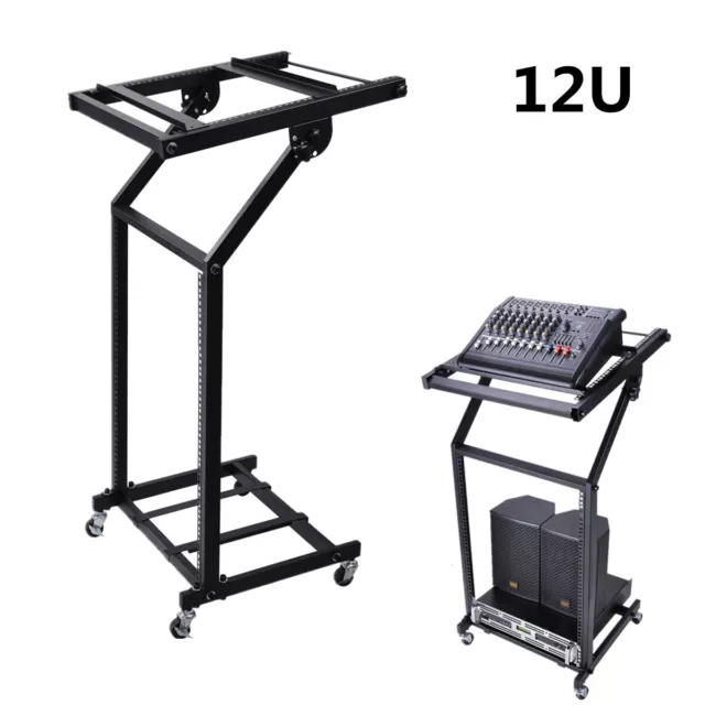 12U Matal Audio Rack Mixer Case Stand Studio Equipment Cart Stage Amp DJ Rolling 2