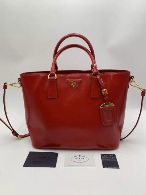 Prada Saffiano Vernice Rosso Red Leather Tote Bag Auth Preloved Patent Purse