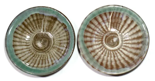 Japanese Pottery Plate Koishiwara Ware Green Brown White 13.2cm 5.19" 2pcs Vtg