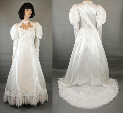 Vintage Wedding Gown M Victorian Style White Satin Lace Long Sleeve Dress Train