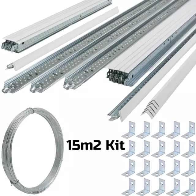 15m2 weiß abgehängtes Deckengitter System Kit Metallrahmen Aufhängung 600mm x 600