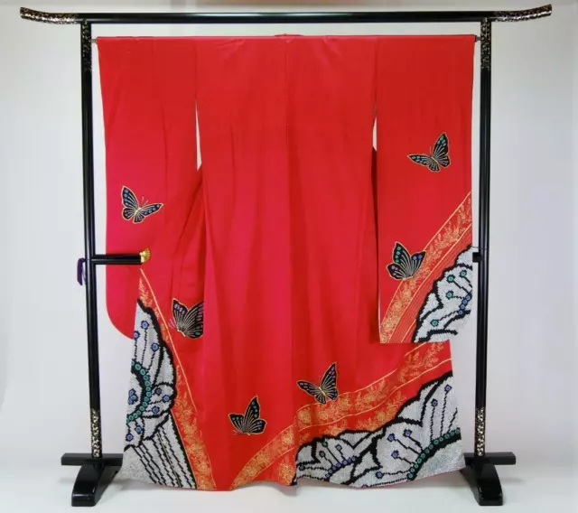 Japanese kimono Large size red butterfly floral long sleeves Silk FURISODE #36