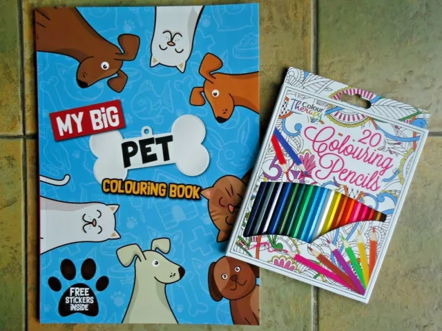 MY BIG PET COLOURING BOOK & STICKERS & 20 COLOURING PENCILS - cats dogs puppy ++