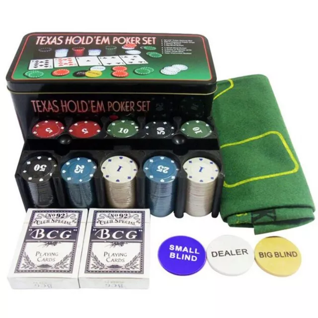 Set Poker 200 Fiches Chips 2 mazzi carte texas hold'em panno deal Gettone Gioco