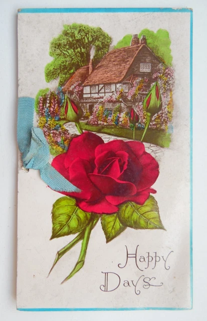 Vintage Birthday Greetings Card "Happy Days" Rose and Cottage Hand Coloured 2