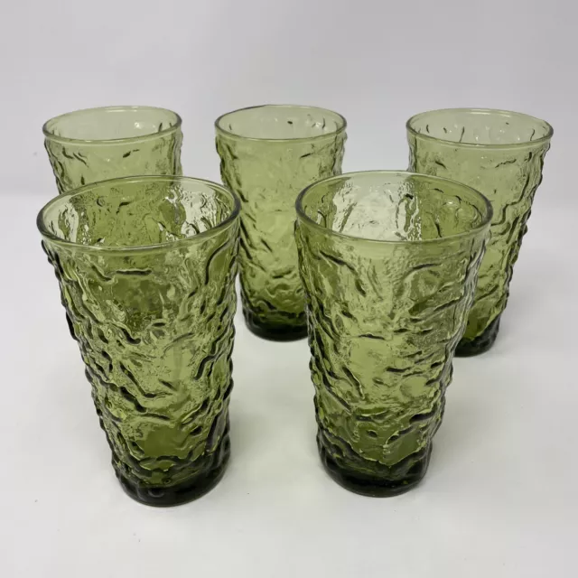 5 Vintage Crinkle Tumblers  Green Milano Lido Anchor Hocking 12 oz Glasses