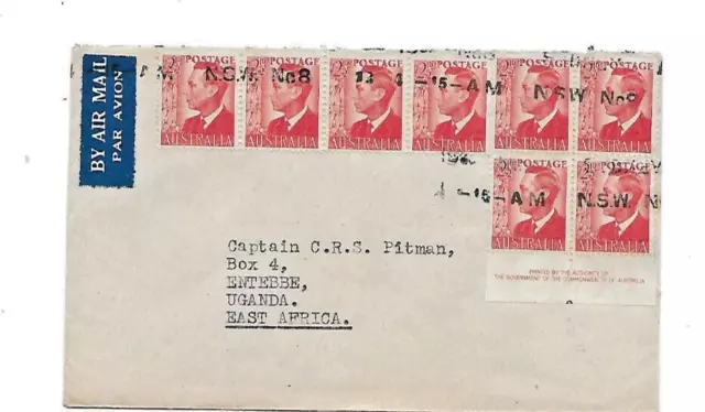 194?  Airmail GVI 1/8 cover Sydney to Uganda with Imprint block commercial