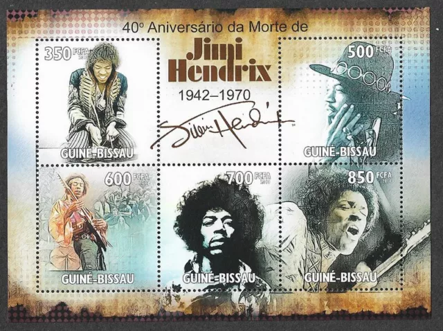 Jimi Hendrix Stamps In Min Sheet Rock Bluesguitar Mnh 2010