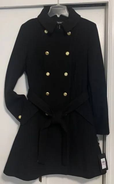 NWT DKNY Black Double-Breasted Wool Blend Belted Coat Gold Buttons Womens Size 6