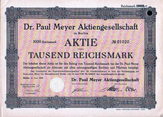 Dr. Paul Meyer Aktiengesellschaft 1926 1000 RM