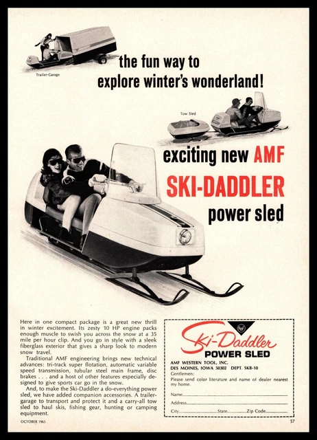1965 AMF Ski-Daddler Power Sled Tow Sled Trailer Garage Des Moines Iowa Print Ad