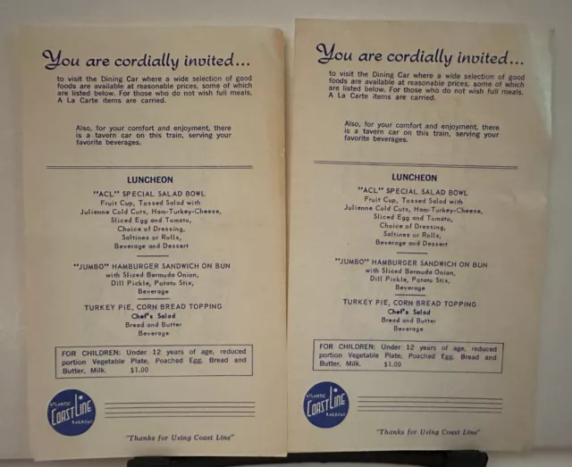 ATLANTIC COAST LINE RAILROAD - Vintage Dining Car Menus