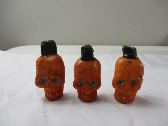 3 Vintage Gurley Halloween Skull Faces Wax Candle 3.5'' tall