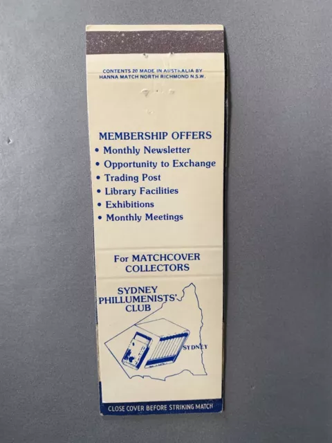 Vintage 1970s Sydney Phillumenists Club Australia Matchbook Cover Collectors Vtg