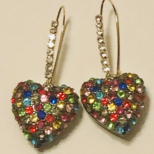 Authentic Betsey Johnson Drop Gold Toned Heart Earrings Multicolor Stones