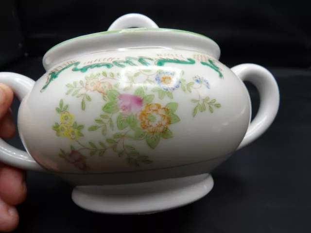 1920-30s Sugar Bowl ~ Hand Painted by HOTTA YU SHOTEN Japan Vintage Green Rim