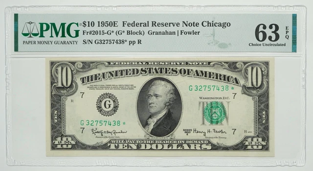 1950 E Series $10 Ten Dollar FRN Fr #2015-G* Granahan/Fowler PMG Graded 63 EPQ