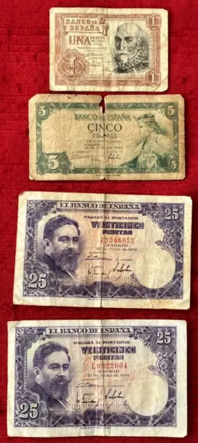 Spain  4  X  Banknotes.  In Circulated Condition.