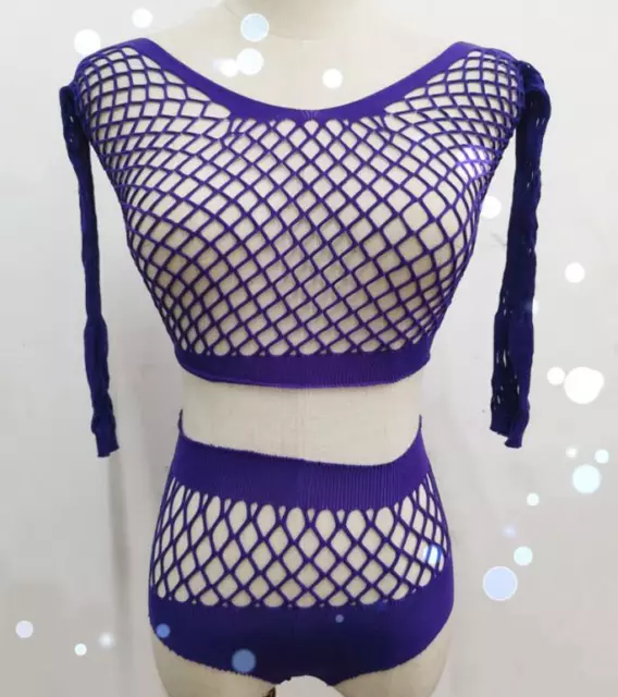 Sexy Women Fishnet Long Sleeve See Through Crop Top T-Shirt+Panties Clubwear New