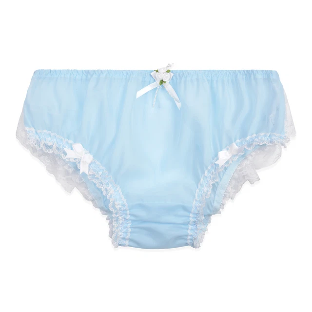 thumbnail image 2 of Satini Baby Blue Sissy Sheer Nylon Frilly Satin Bow Briefs Panties Size 10-20 2 of 6