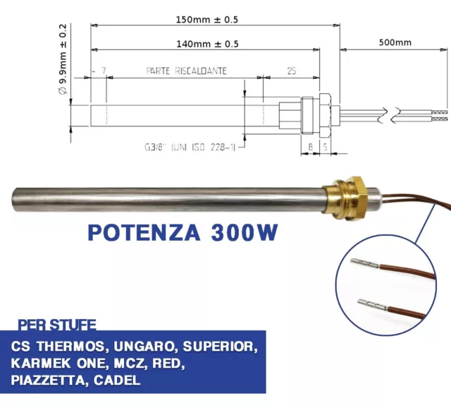 Bougie De Préchauffage Poêle À Granulés Résistance D 10 X 140 300W Vis 3/8 (0405