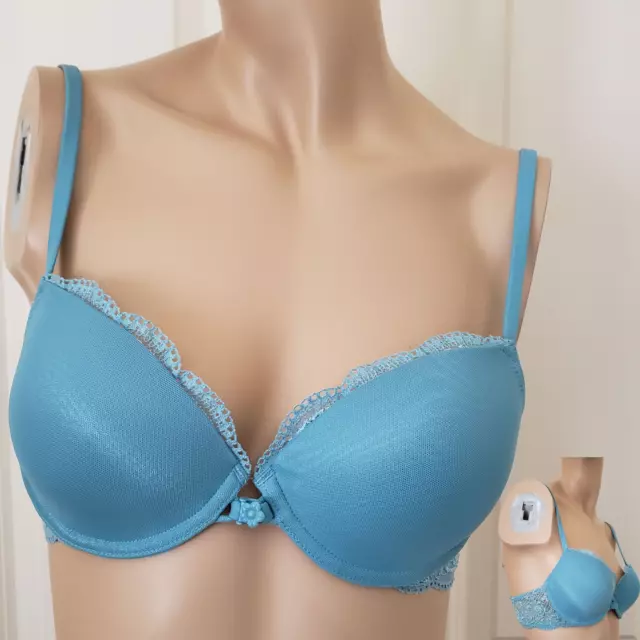 Women's Vintage Lily of France Mesh Lace Push Up Underwire Bra 34B Sea Blue