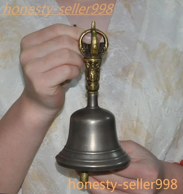 6.4"Tibet temple bronze Tara Buddha head statue Exorcism Bell Chung chimes clock