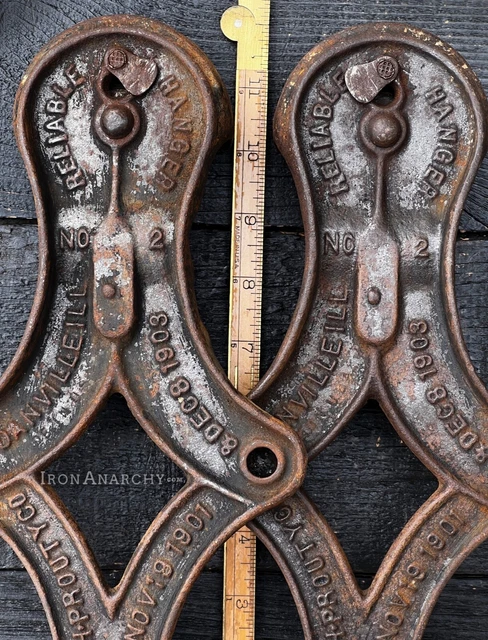 ANTIQUE BARN DOOR ROLLERS, Vtg Old Cast Iron Hanger Pair Industrial Hardware 2
