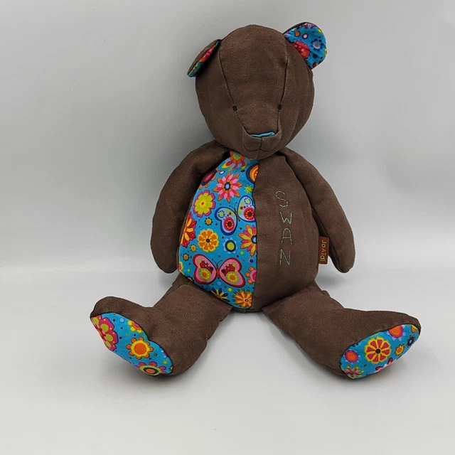 Doudou peluche ours marron bleu fleurs papillons Swan JOAIDI - 31107