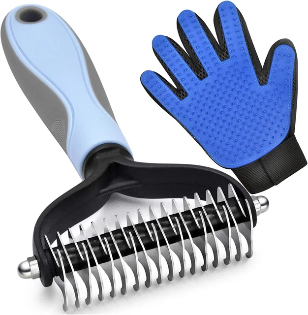 Pet Grooming Brush Double-Sided Undercoat Rake for Dogs & Cats & Brush Glove