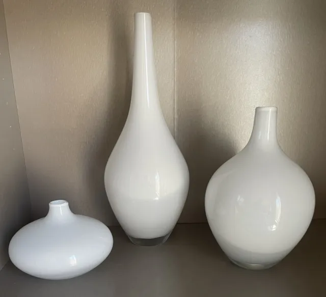 IKEA Salong Mid Century MCM Large White Hand Blown Art Glass Bulb Vase Set of 3