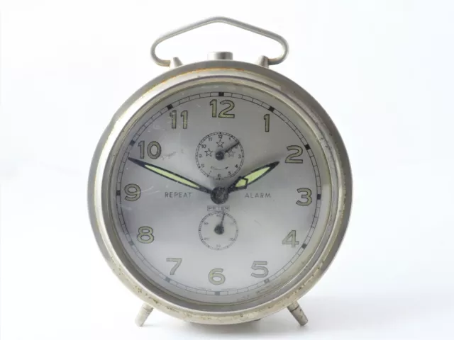 Vintage Peter Repeat Large Alarm Clock, German Wind Up Mechanical, Silver Dial