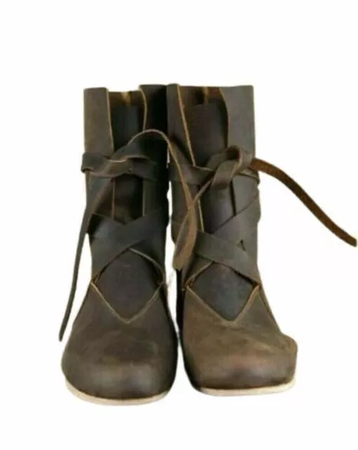Médiévale Cuir Bottes Renaissance Chaussures Viking Hommes Marron de Long