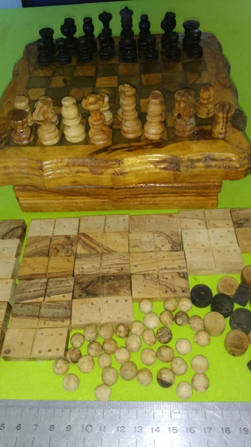 ECHECS COFFRET ET Pieces En Olivier 21,5X21,5 4 Jeux Dominos, Dames