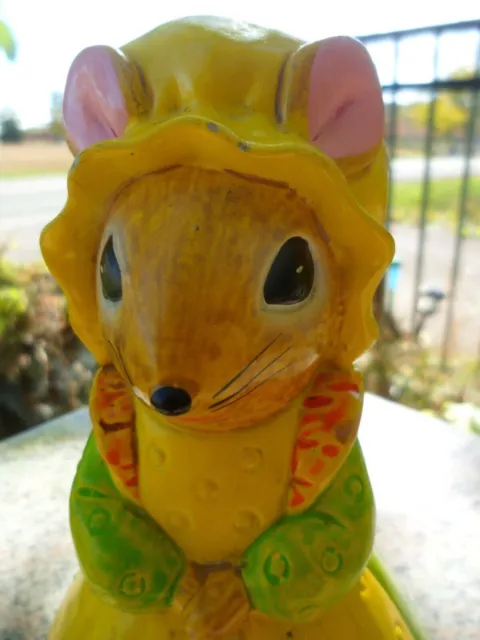 Mouse Coin Bank Resin Bonnet Purse Figurine Country Yellow Dress Vintage 1970s 3