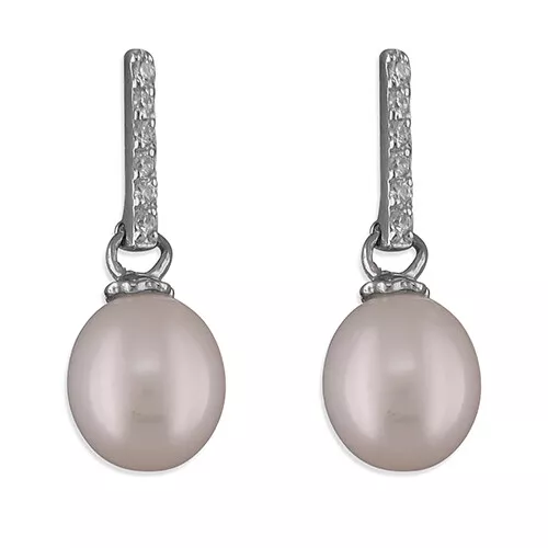 Silver Pearl Diamond Drop Earrings Art Deco Style 925 Sterling Silver