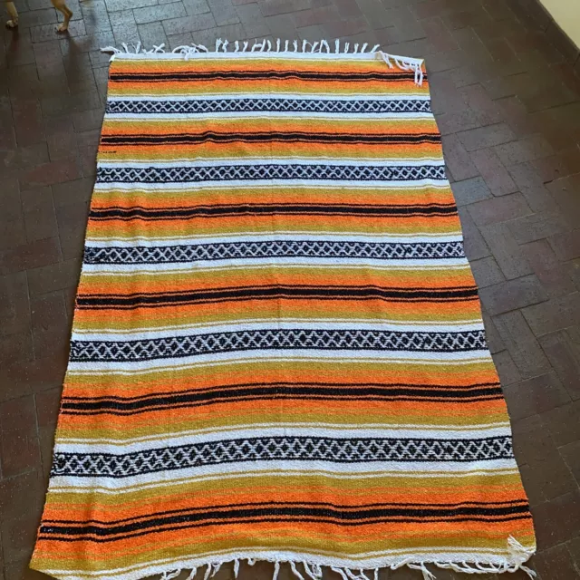 Authentic Mexican Falsa Woven Blanket Serape X Throw 49” X 71” Orange Yellow