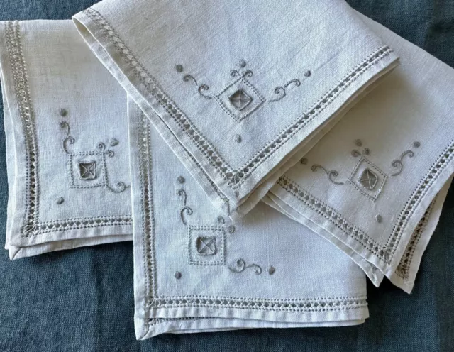 Vintage Linen Serviettes Set of 4 Hand Embroidery Drawn Thread Bone 25cm / 10”