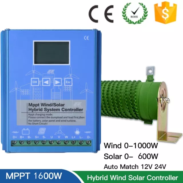 Hybrid MPPT  Charge Controller 1000W Wind 600W Solar 12V/24V Battery Regulator 2