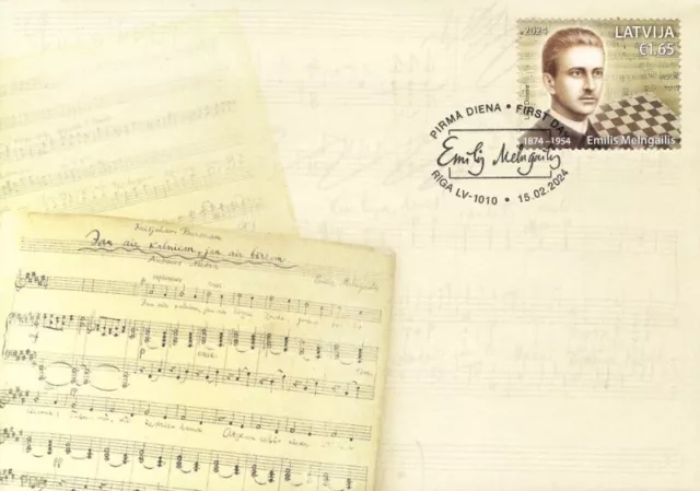 Latvia 2024 (03) Emilis Melngailis - 150 - Latvian composer and chess player FDC