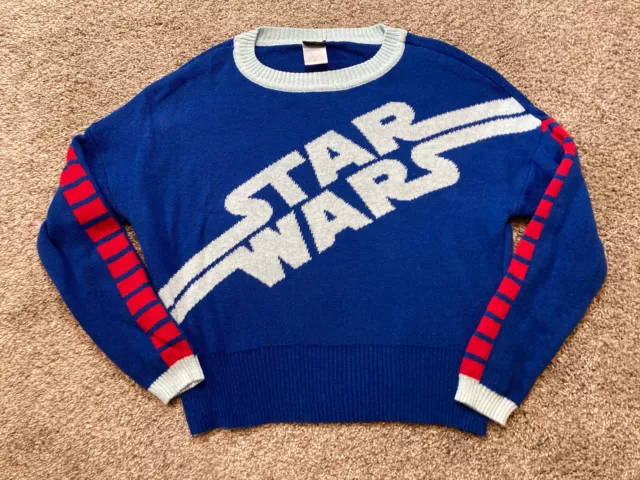 VTG Star Wars Sweater Womens Medium Blue Cropped Oversized Spellout Pullover