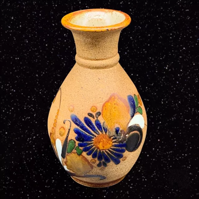 Vintage Mexican Folk Art Pottery Tonala Hand Painted Vase Talavera 5”T 3”W