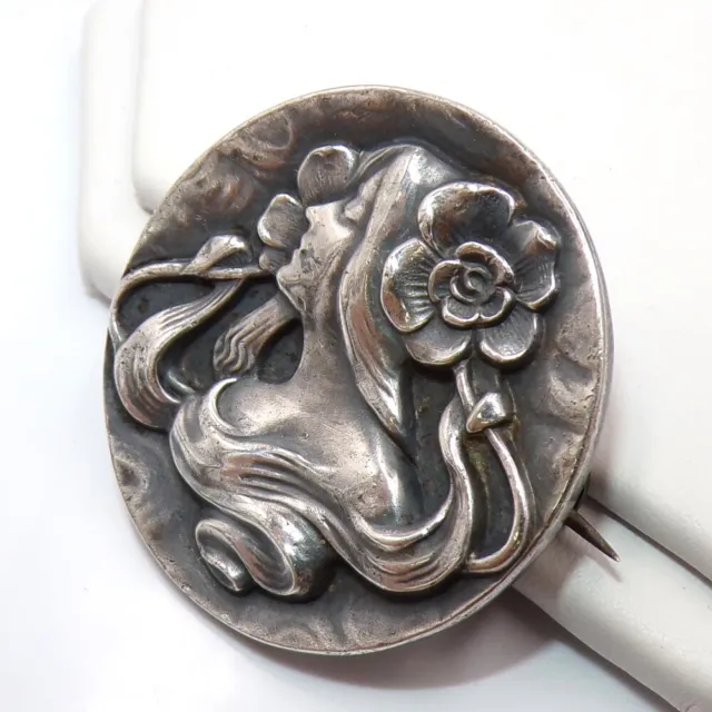 Unger Brothers Antique Art Nouveau Sterling Silver Lady Repousse Nellie Pin LLC4